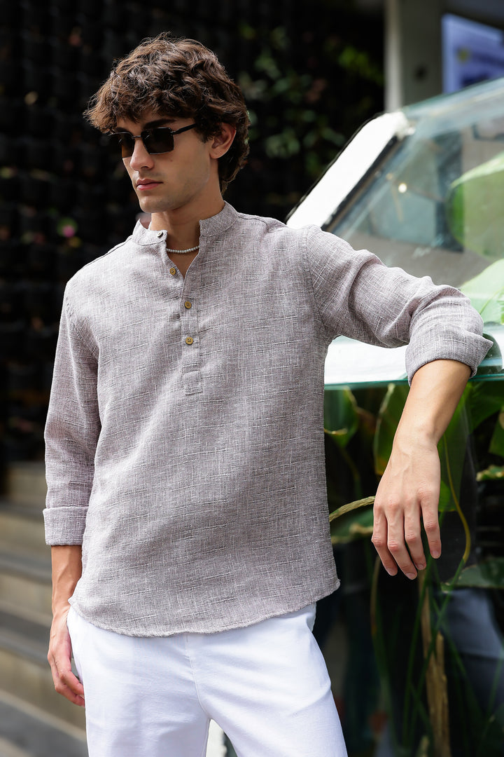 Linen : Brownish Grey Mandarin Collar Shirt Regular price