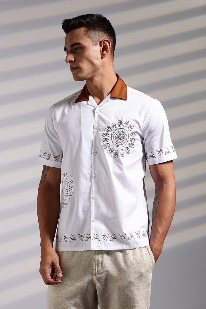 Sun: White Embroidery Cotton Cuban Shirt