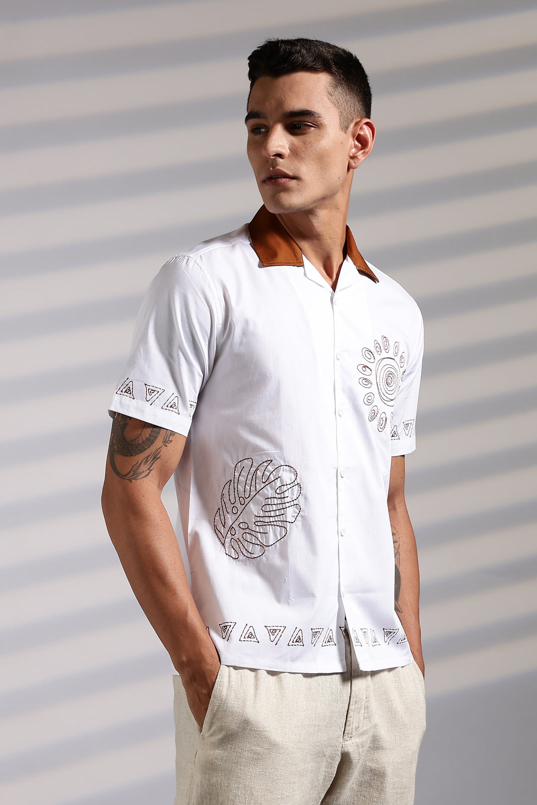 Sun: White Embroidery Cotton Cuban Shirt