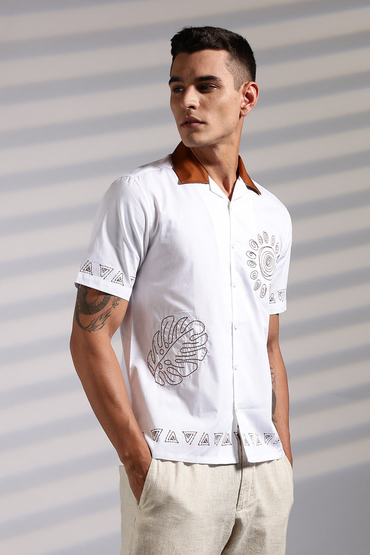 Sun: White Embroidery Cotton Cuban Shirt