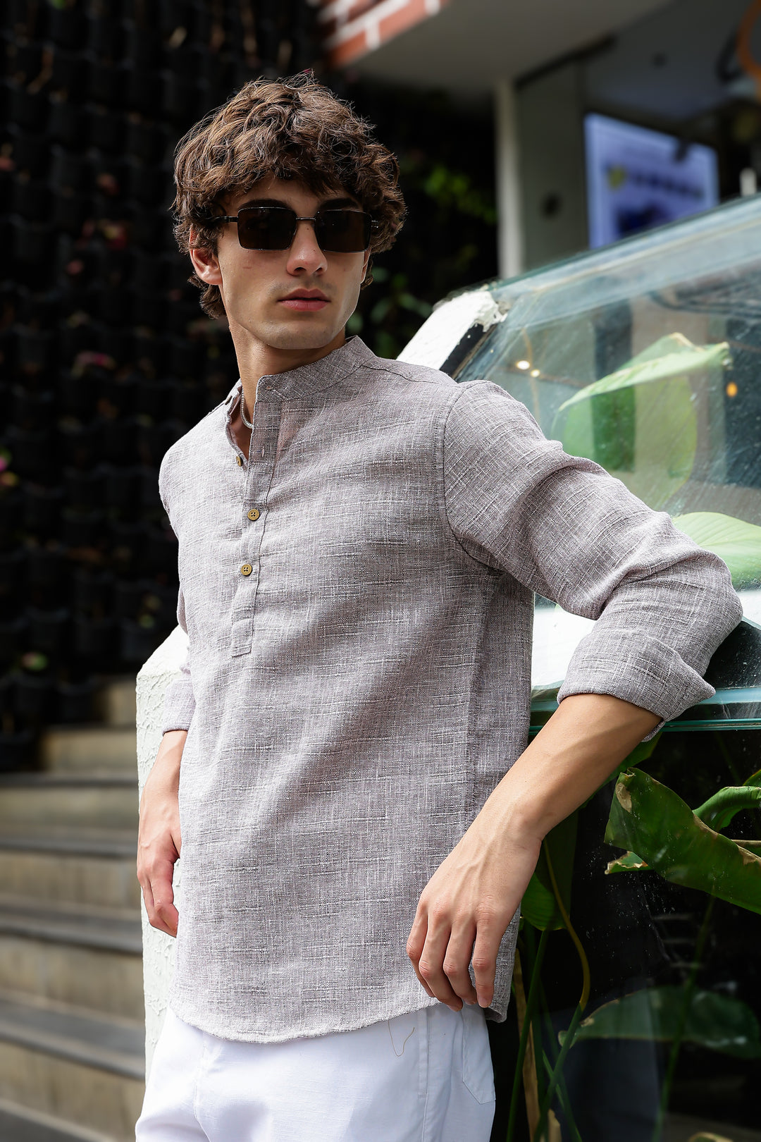Linen : Brownish Grey Mandarin Collar Shirt Regular price