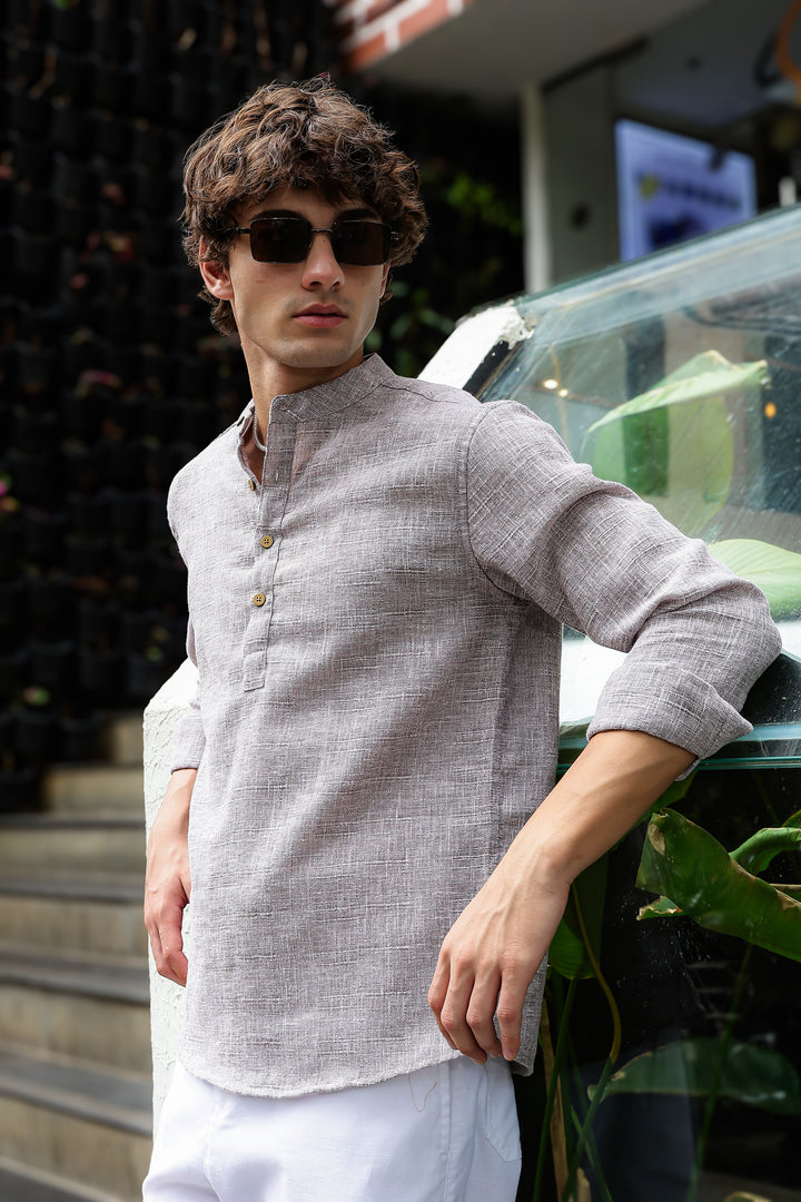 Linen : Brownish Grey Mandarin Collar Shirt Regular price