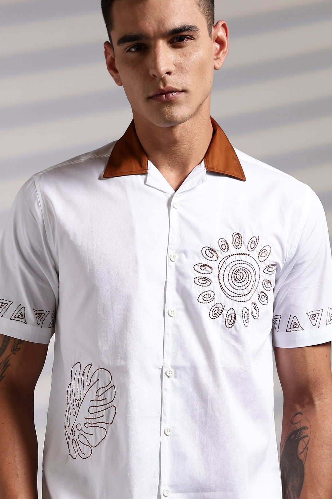 Sun: White Embroidery Cotton Cuban Shirt