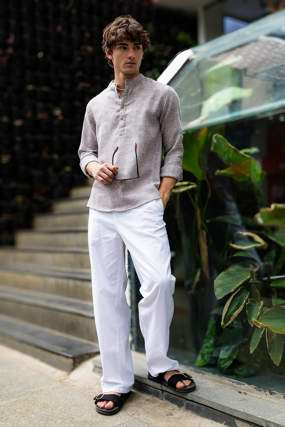 Linen : Brownish Grey Mandarin Collar Shirt Regular price
