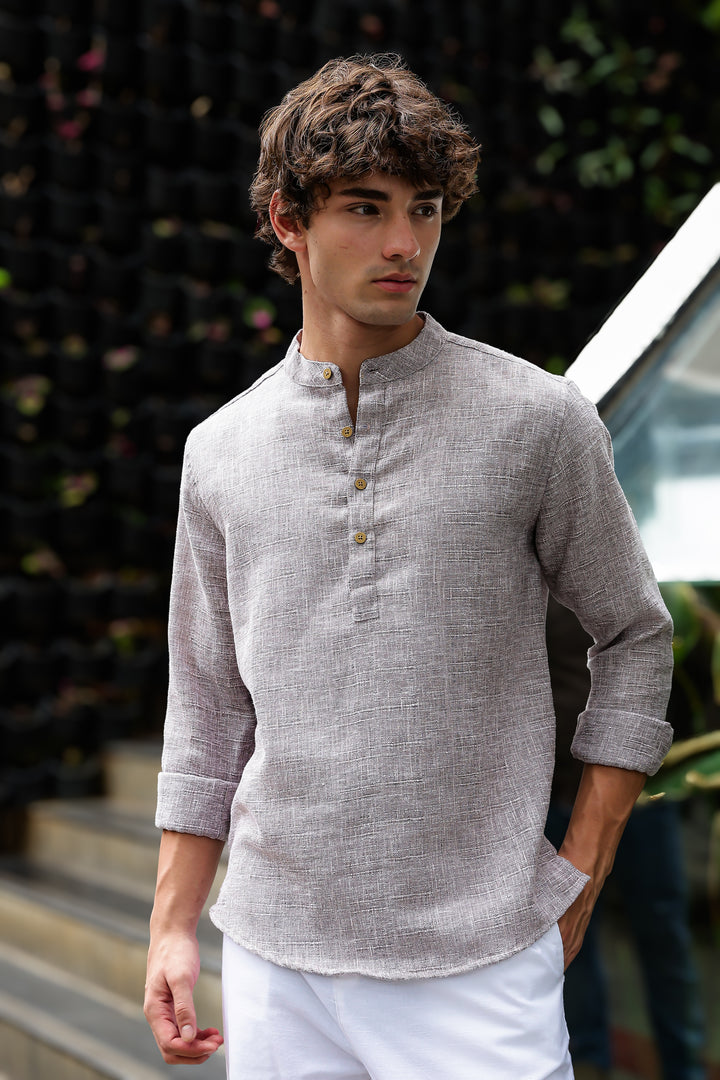 Linen : Brownish Grey Mandarin Collar Shirt Regular price