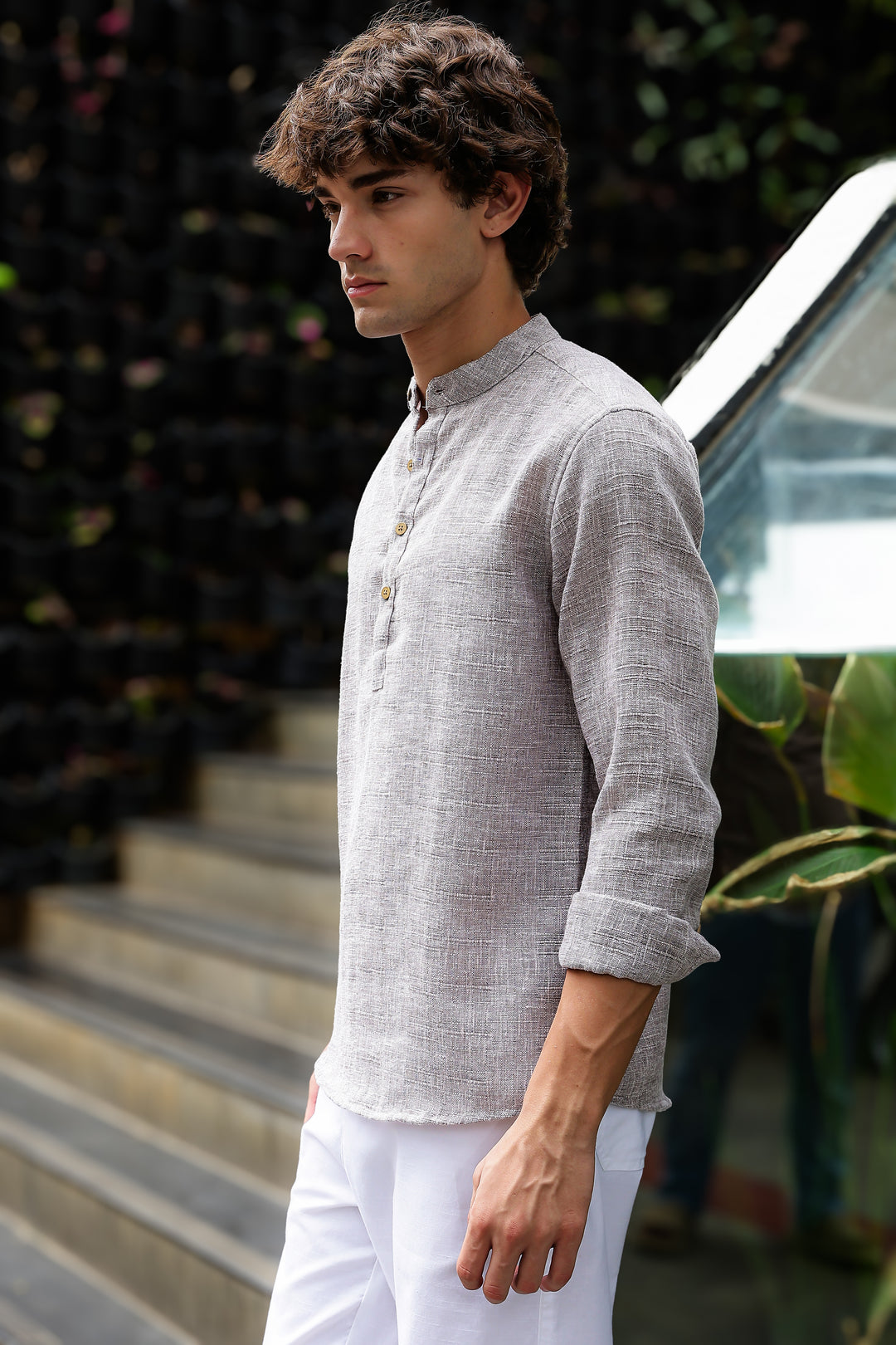 Linen : Brownish Grey Mandarin Collar Shirt Regular price