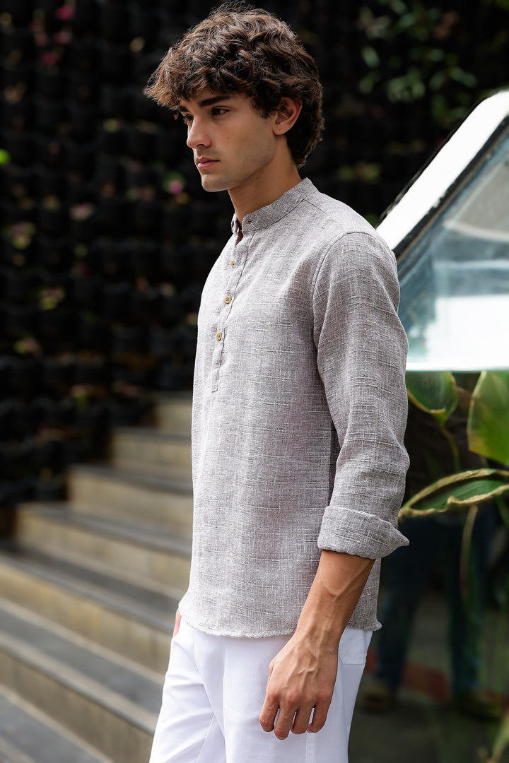 Linen : Brownish Grey Mandarin Collar Shirt Regular price