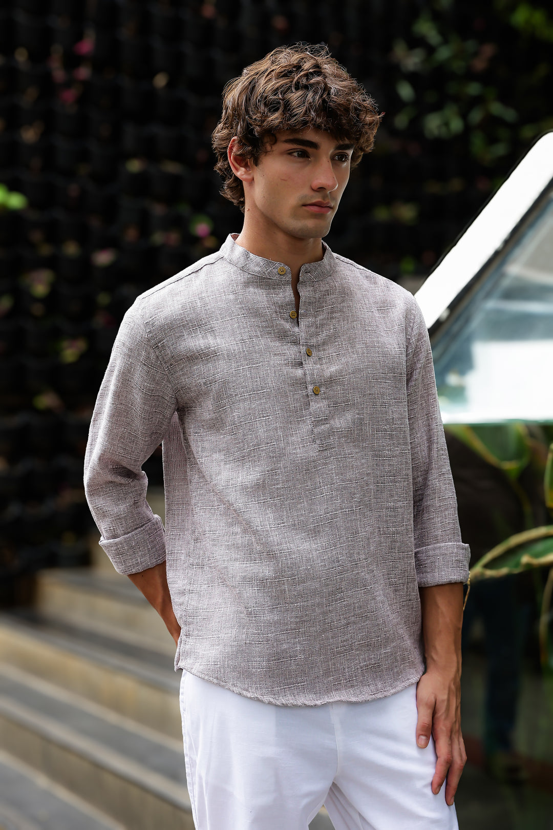 Linen : Brownish Grey Mandarin Collar Shirt Regular price