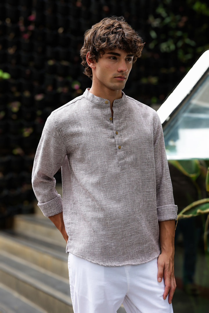 Linen : Brownish Grey Mandarin Collar Shirt Regular price