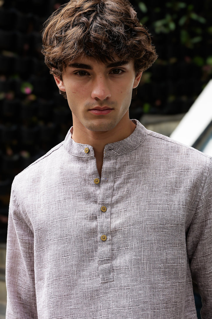Linen : Brownish Grey Mandarin Collar Shirt Regular price