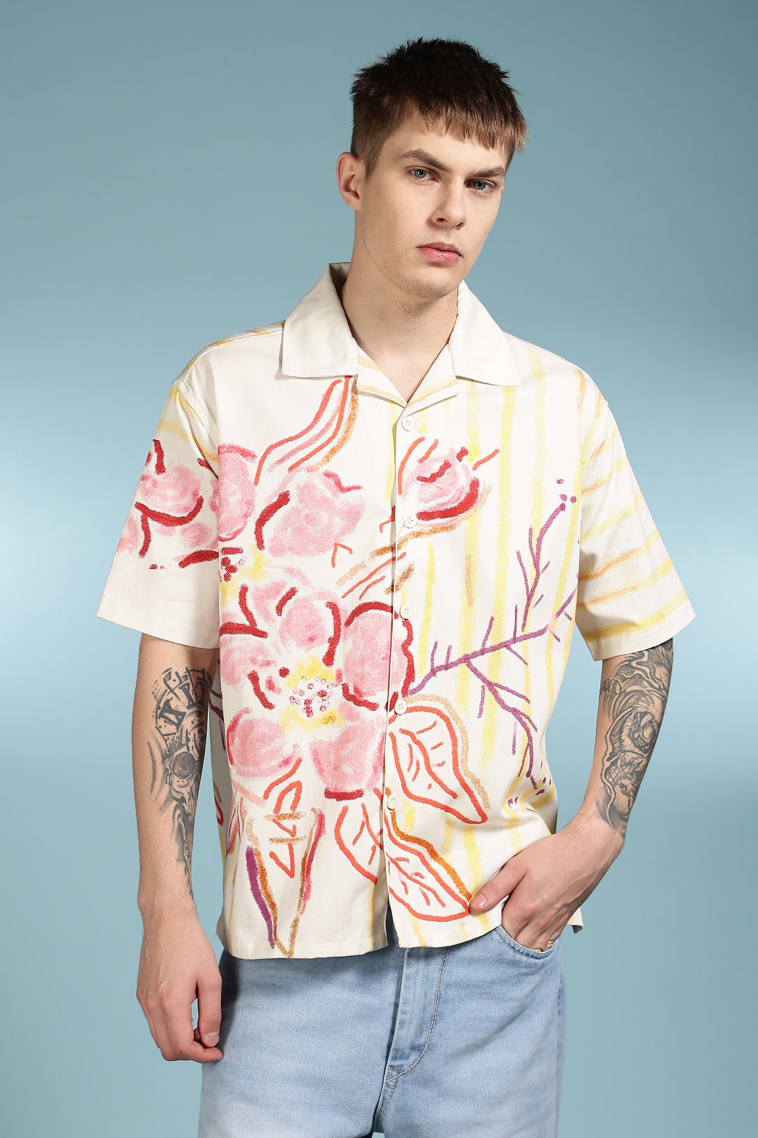 Crayon Flower Oversized Cuban Shirt