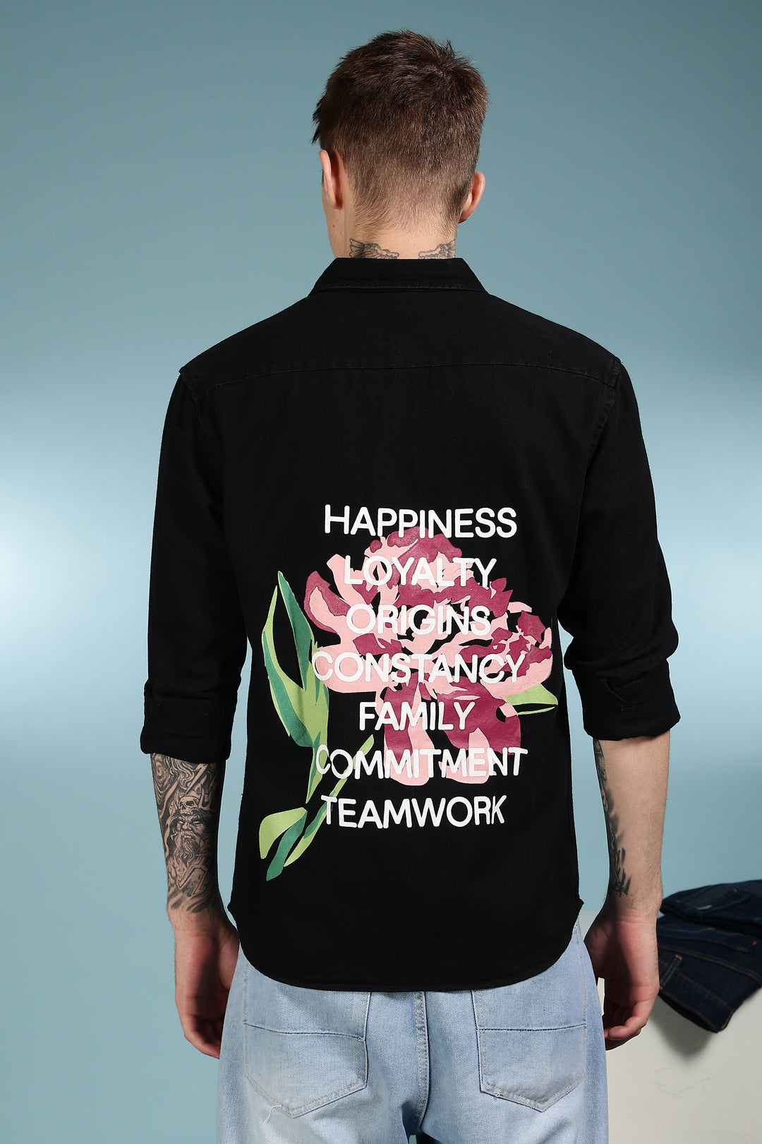 Denims: Floral black shirt