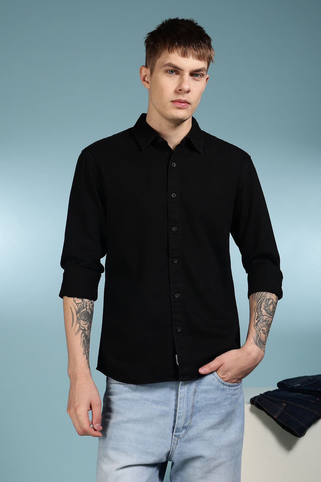 Denims: Floral black shirt