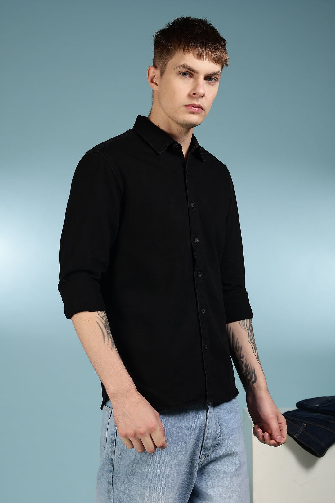 Denims: Floral black shirt