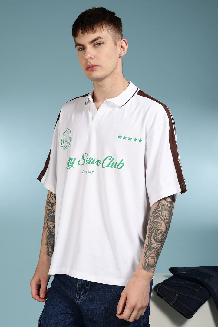Lazy Serve Club White Oversized Polo Shirt