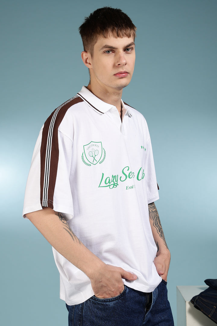 Lazy Serve Club White Oversized Polo Shirt