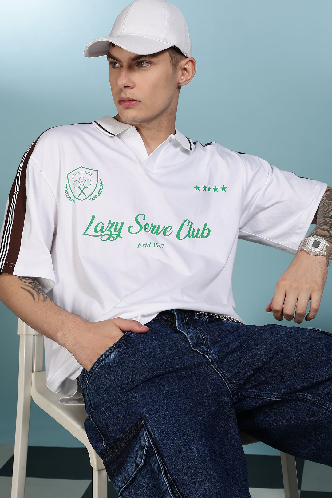 Lazy Serve Club White Oversized Polo Shirt