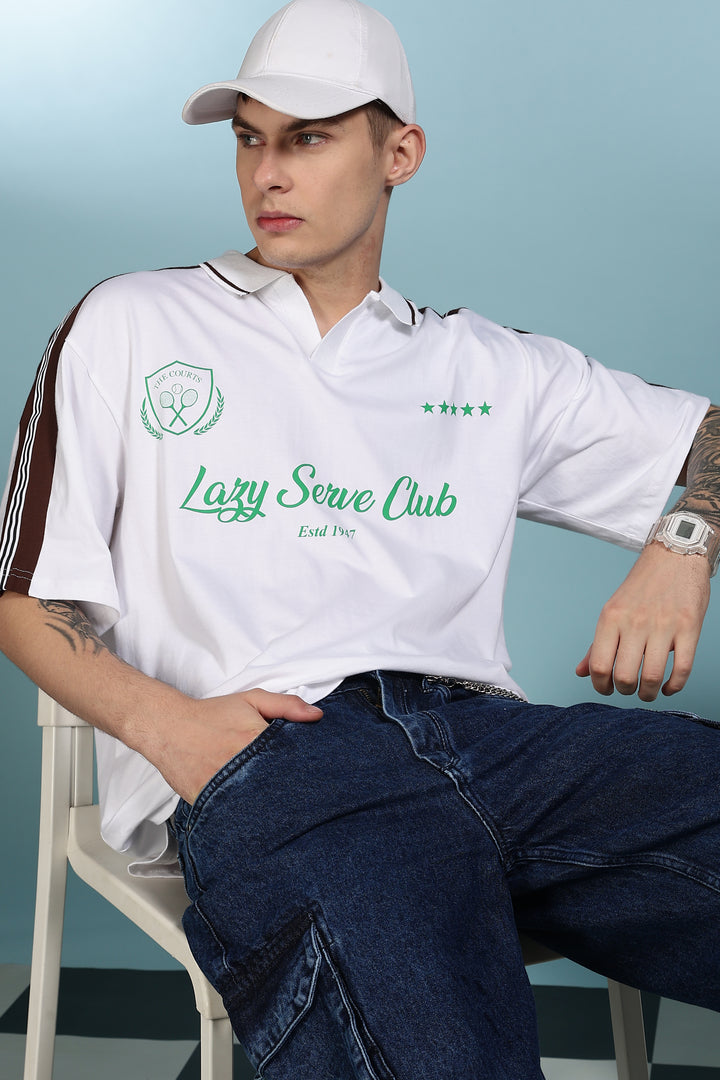Lazy Serve Club White Oversized Polo Shirt