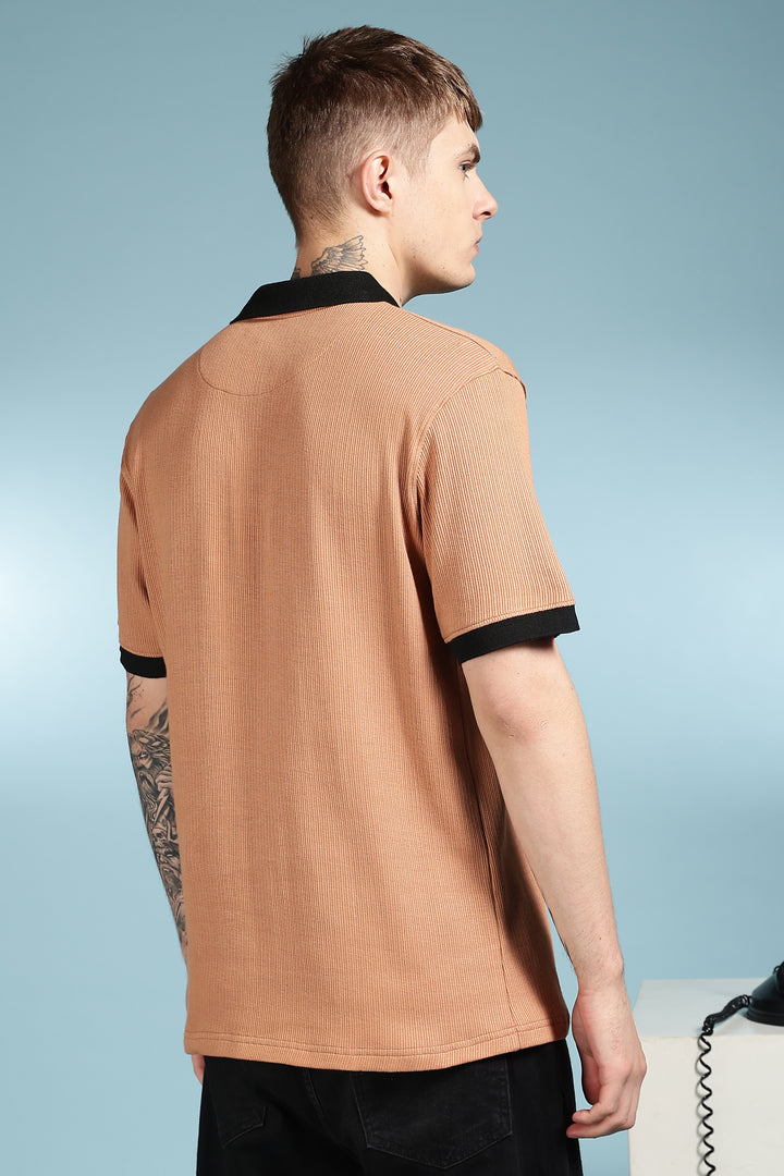 Korean Collar: Brown Textured fabric Polo