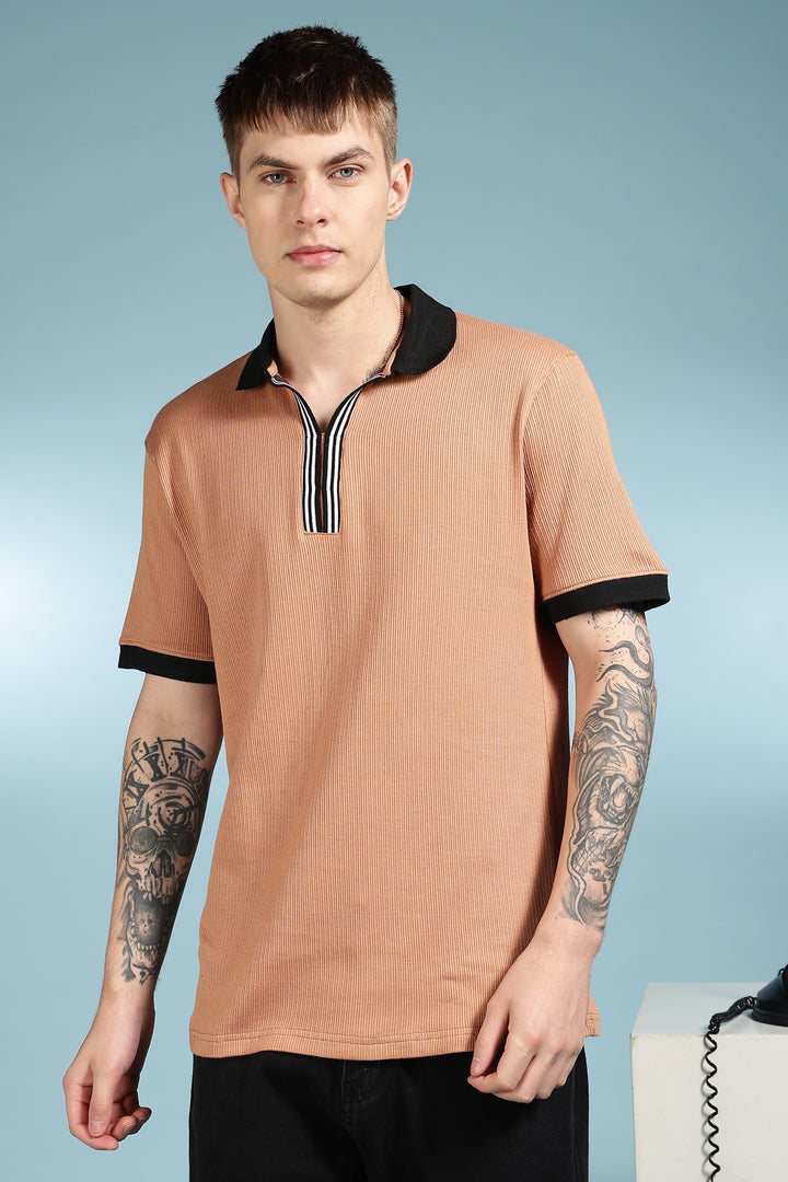 Korean Collar: Brown Textured fabric Polo