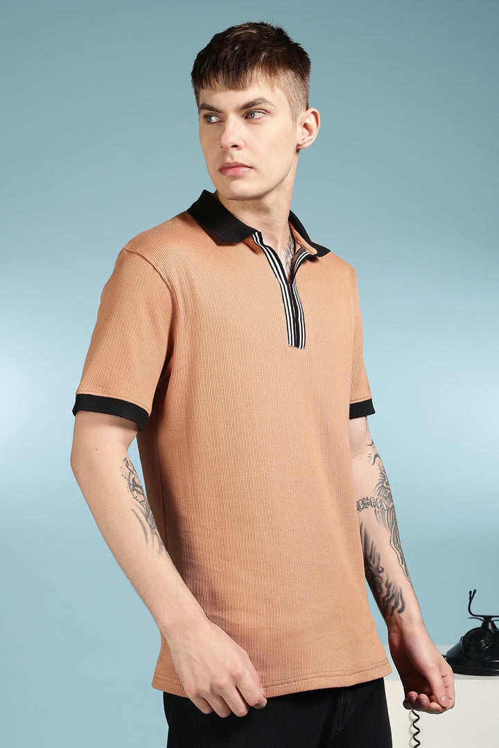 Korean Collar: Brown Textured fabric Polo