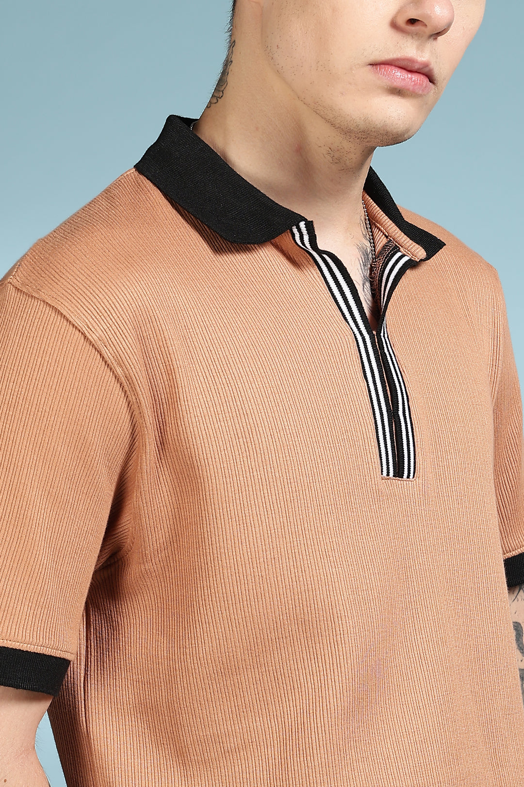 Korean Collar: Brown Textured fabric Polo