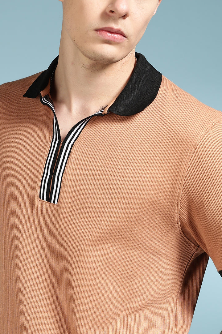 Korean Collar: Brown Textured fabric Polo
