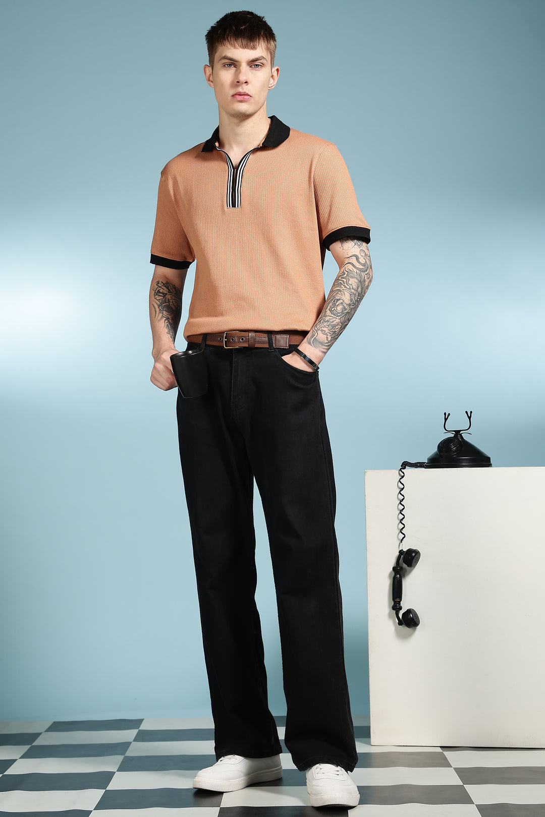 Korean Collar: Brown Textured fabric Polo