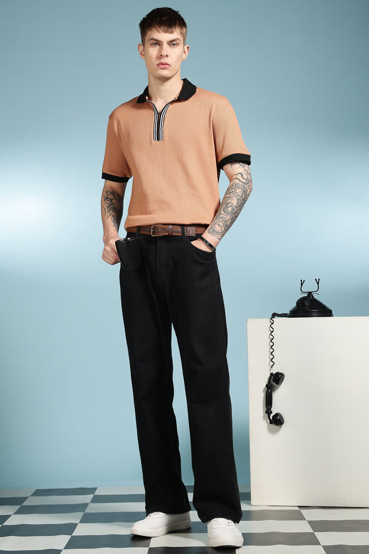 Korean Collar: Brown Textured fabric Polo