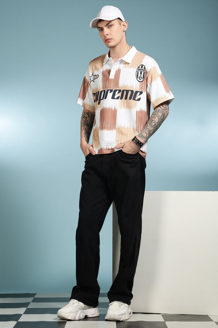 Brown Scribble: Oversized Polo Shirt