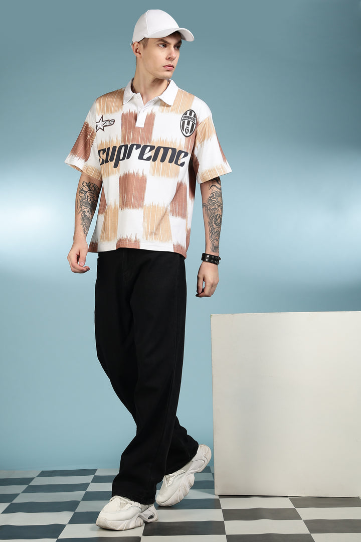 Brown Scribble: Oversized Polo Shirt