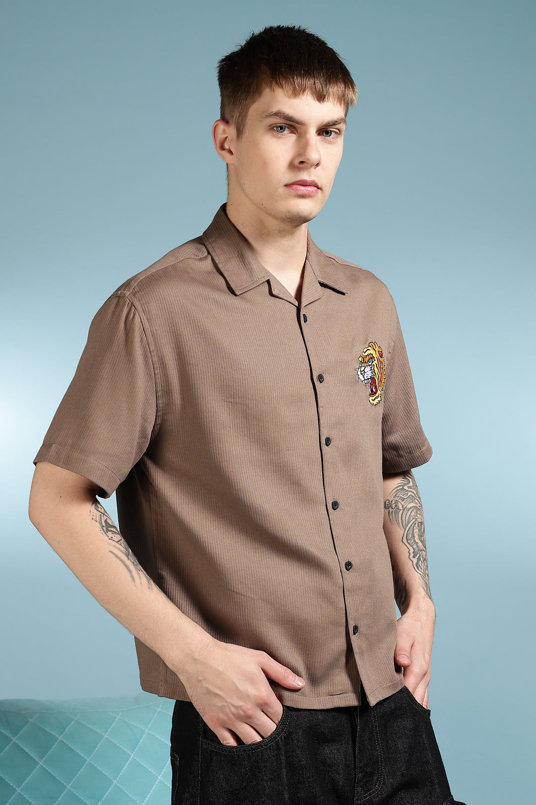 Furious: Embroidery Textured Fabric Brown Shirt