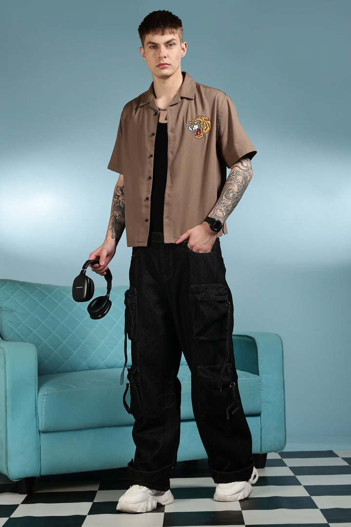 Furious: Embroidery Textured Fabric Brown Shirt