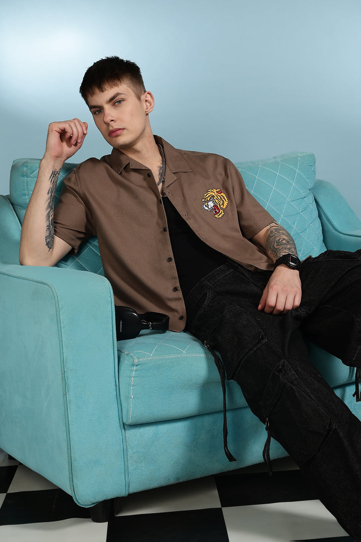 Furious: Embroidery Textured Fabric Brown Shirt