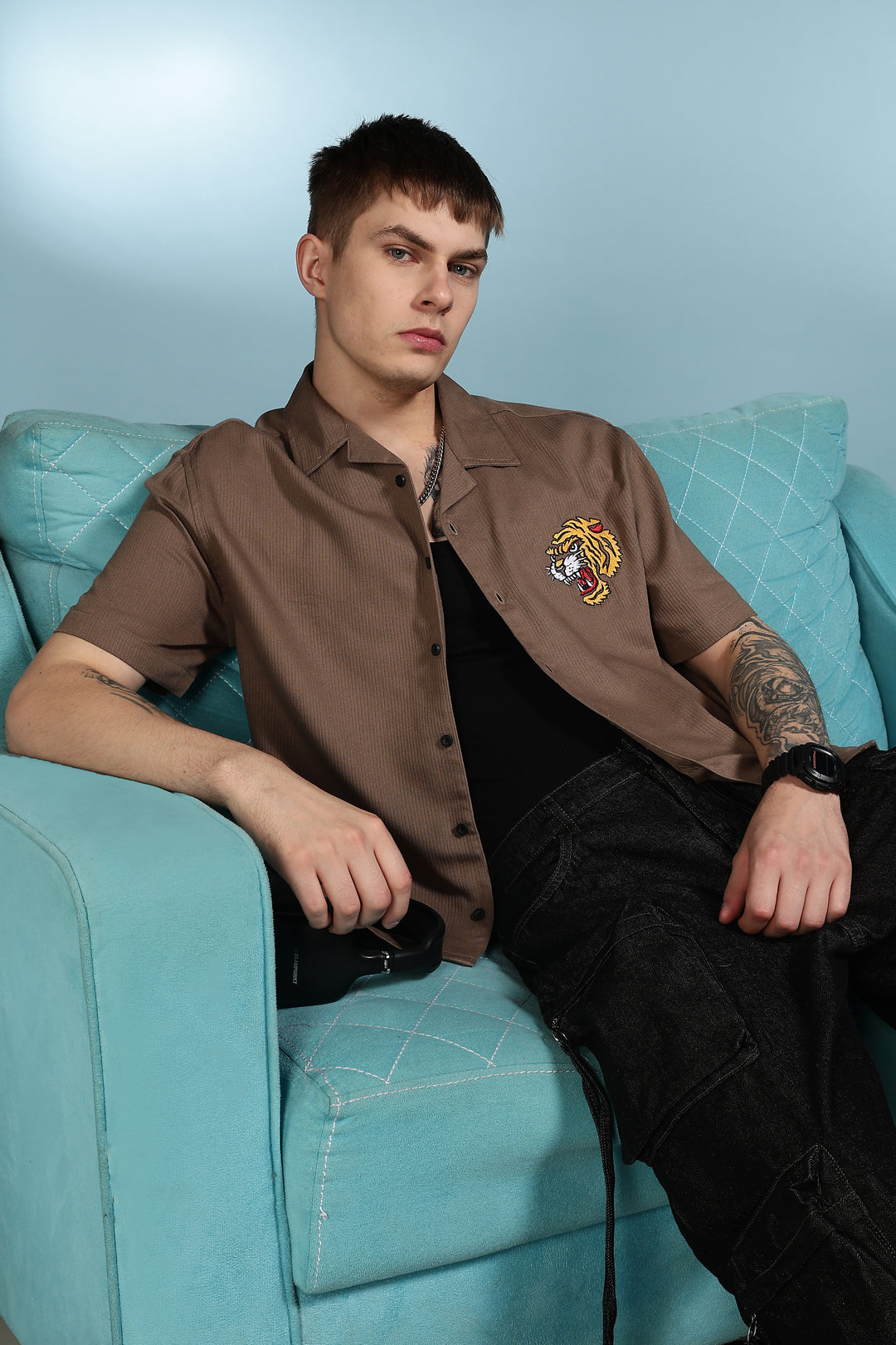 Furious: Embroidery Textured Fabric Brown Shirt