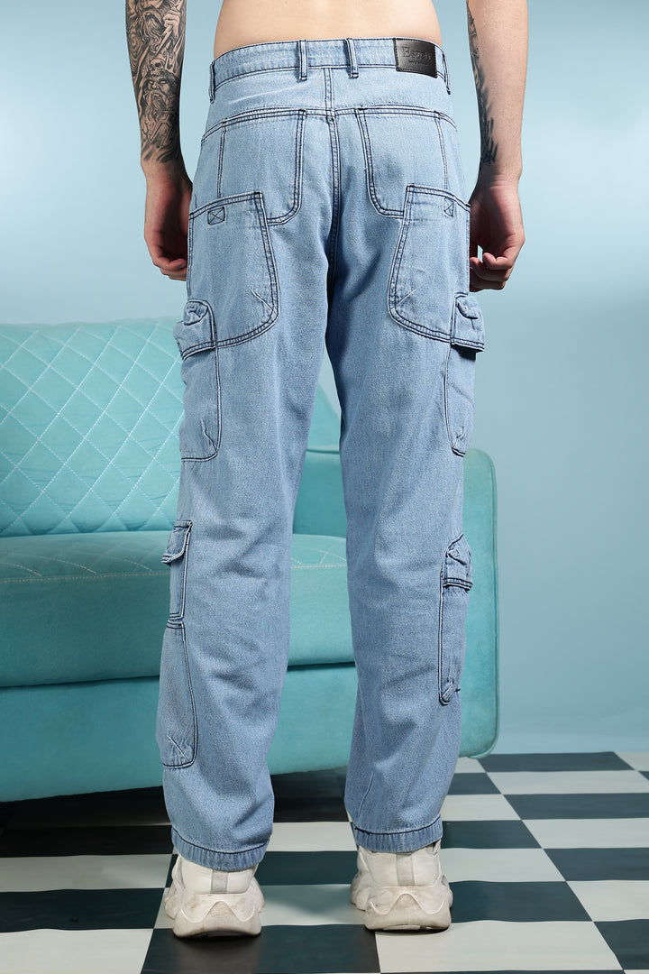 Contrast Stitch: Ice Blue Denim Cargo Pants