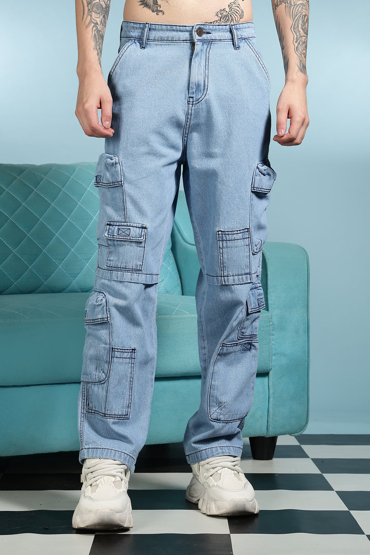 Contrast Stitch: Ice Blue Denim Cargo Pants