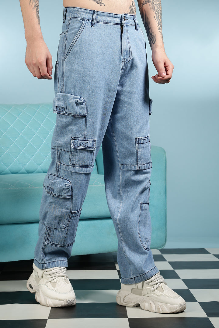 Contrast Stitch: Ice Blue Denim Cargo Pants