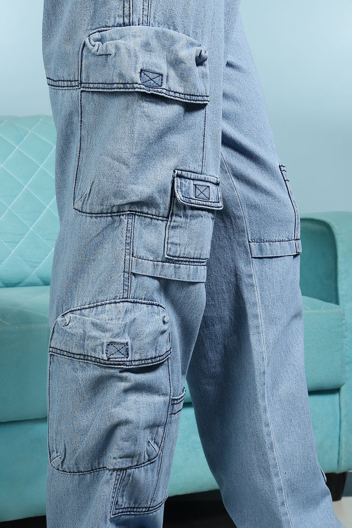 Contrast Stitch: Ice Blue Denim Cargo Pants