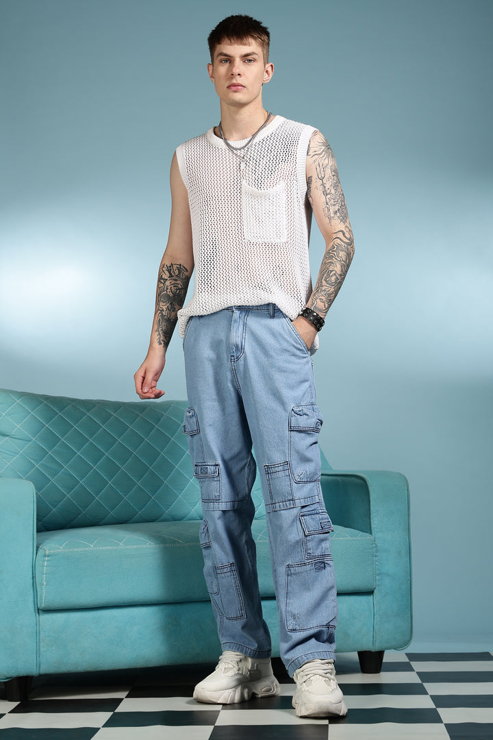 Contrast Stitch: Ice Blue Denim Cargo Pants