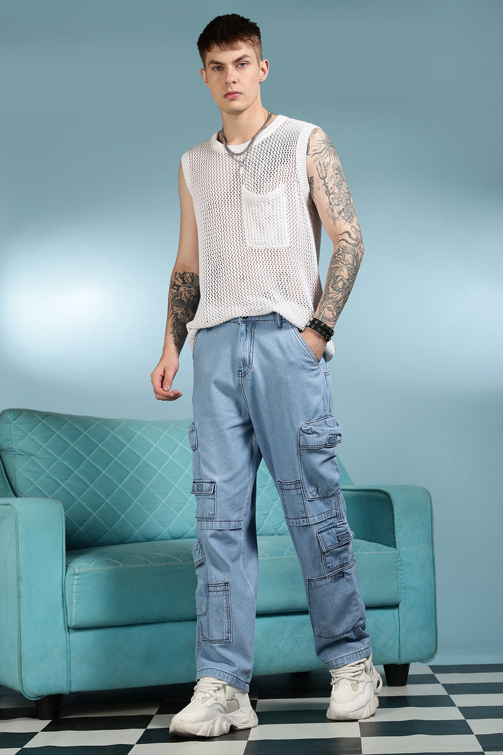Contrast Stitch: Ice Blue Denim Cargo Pants