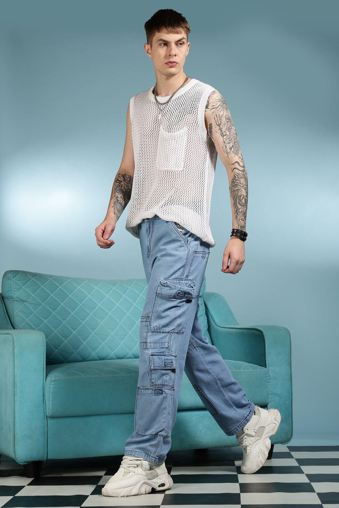 Contrast Stitch: Ice Blue Denim Cargo Pants