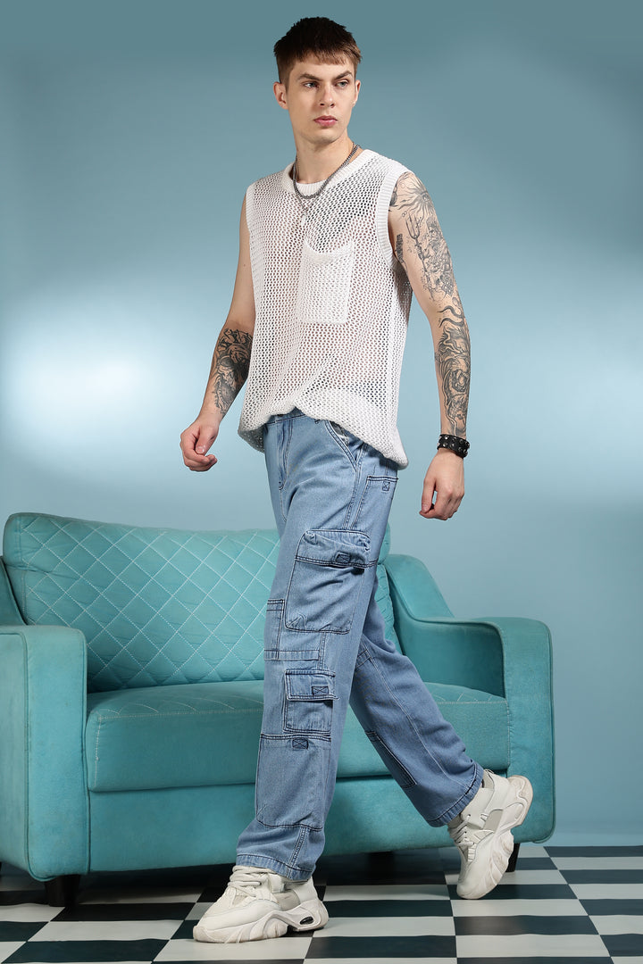 Contrast Stitch: Ice Blue Denim Cargo Pants