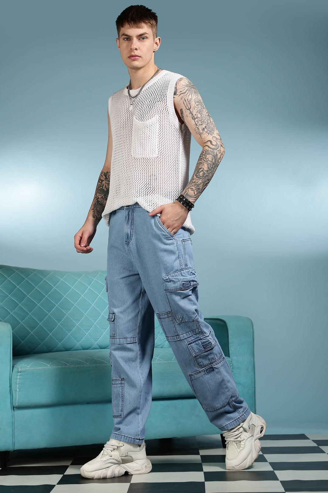 Contrast Stitch: Ice Blue Denim Cargo Pants