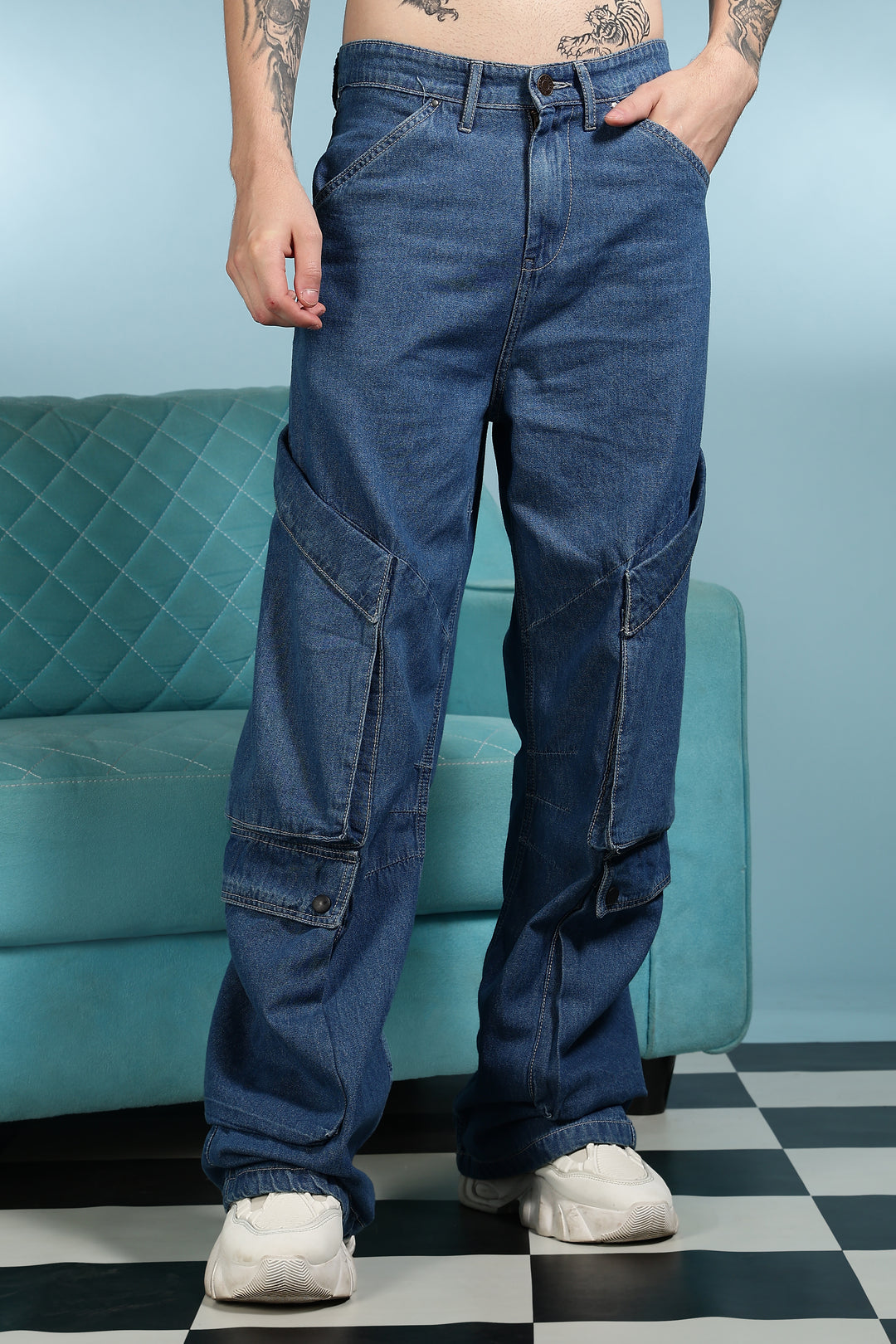 Super Baggy: Big Pockets Blue Denim Cargo Pants