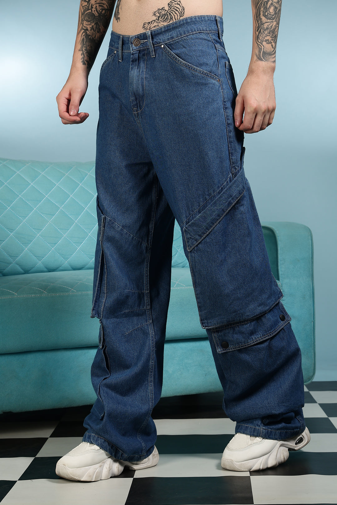 Super Baggy: Big Pockets Blue Denim Cargo Pants