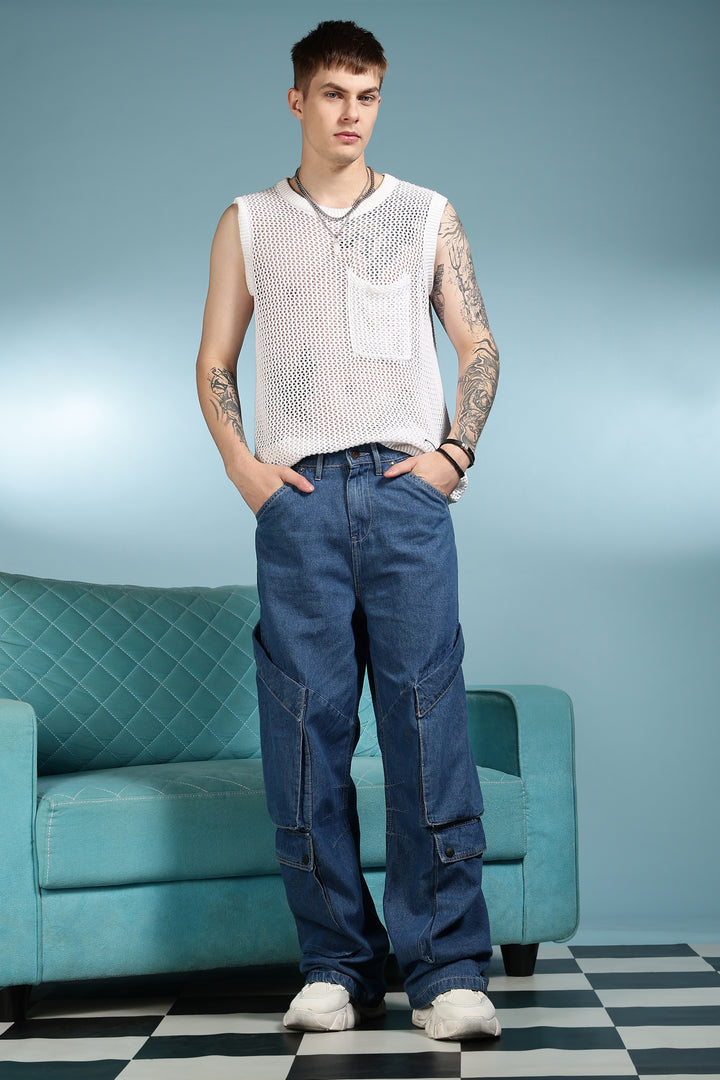 Super Baggy: Big Pockets Blue Denim Cargo Pants