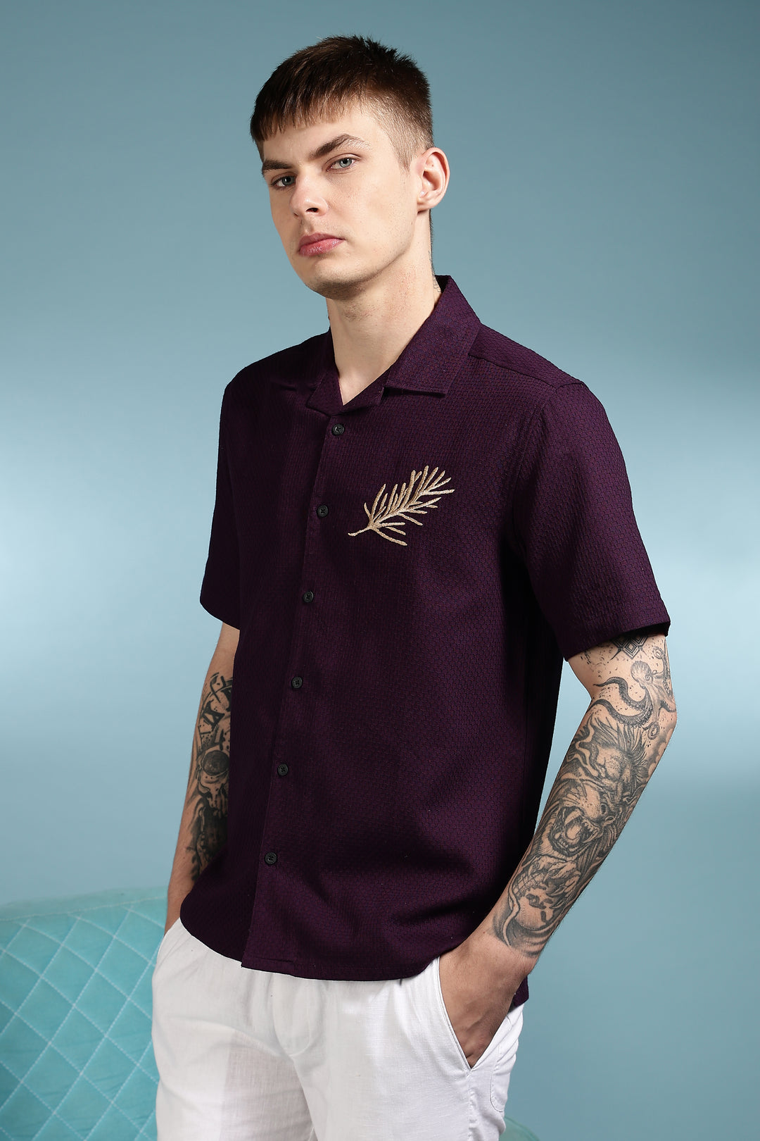 Spice: Embroidery Textured Fabric Cuban Shirt