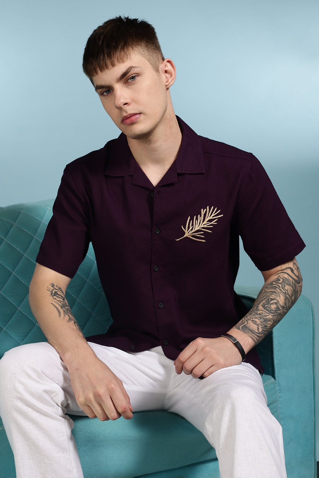 Spice: Embroidery Textured Fabric Cuban Shirt