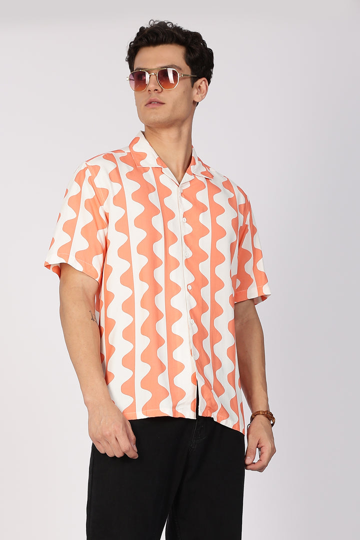 Wavy Apricot Stripes Cuban Shirt